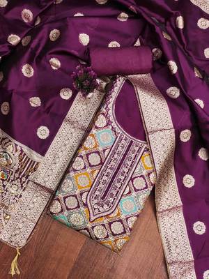Women's wine handwork dress material 1