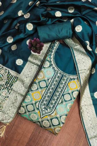 Women's teal handwork dress material