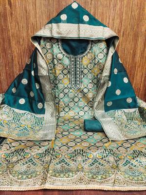 Women's teal handwork dress material 3