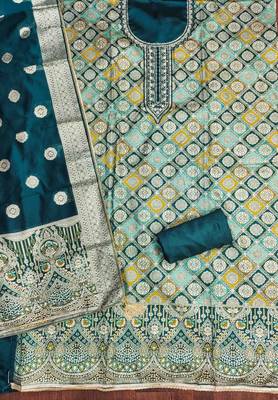 Women's teal handwork dress material 4