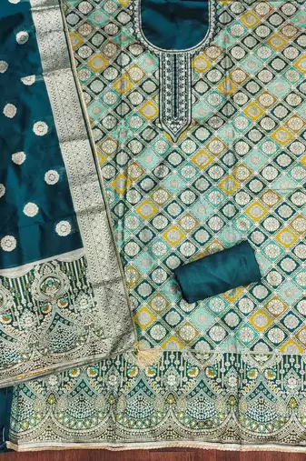 Women's teal handwork dress material