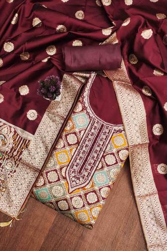 Women's maroon handwork dress material