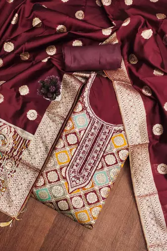 Women's maroon handwork dress material
