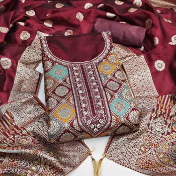 Women's maroon handwork dress material 2