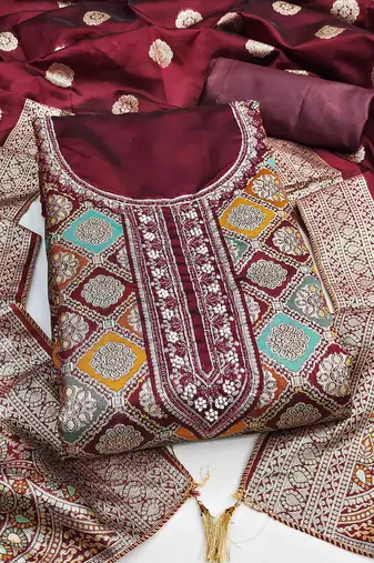 Women's maroon handwork dress material