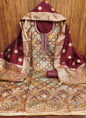Women's maroon handwork dress material 3