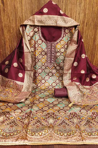 Women's maroon handwork dress material