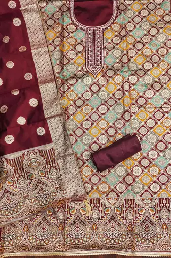 Women's maroon handwork dress material