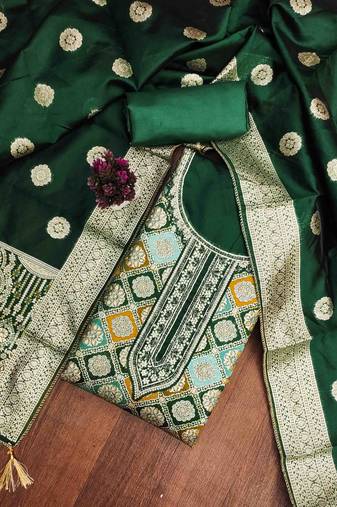 Women's dark green handwork dress material