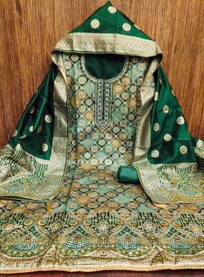 Women's dark green handwork dress material 3