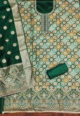 Women's dark green handwork dress material 5