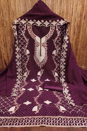 Women's wine embroidered dress material