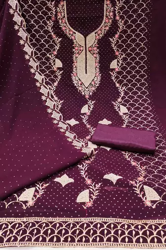 Women's wine embroidered dress material