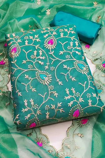 Women's turquoise embroidered dress material