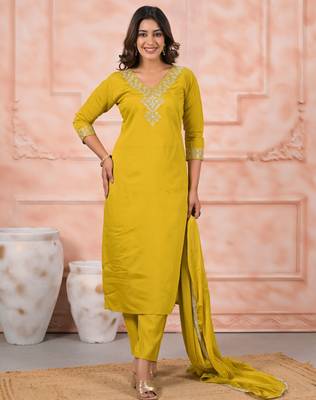 Mustard color chanderi fabric embroidery work ceremonial kurta set with dupatta 1
