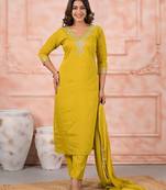 Mustard color chanderi fabric designer embroidery work ceremonial kurta set with dupatta