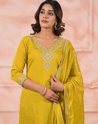 Mustard color chanderi fabric embroidery work ceremonial kurta set with dupatta 3