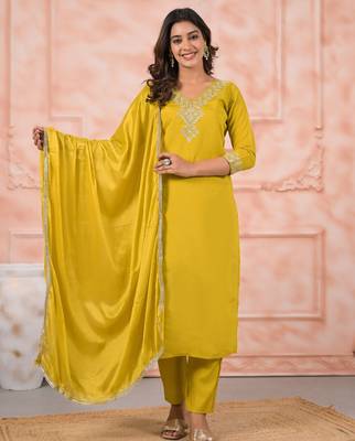 Mustard color chanderi fabric embroidery work ceremonial kurta set with dupatta 5