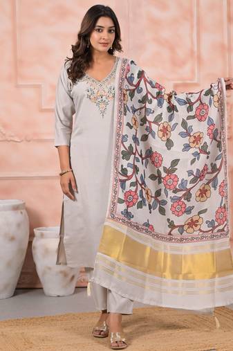 Off white color viscose fabric designer embroidery work ceremonial kurta set with dupatta