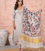 Off white color viscosee fabric embroidery work ceremonial kurta set with dupatta