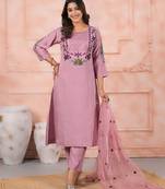 Pink color chanderi fabric designer embroidery work ceremonial kurta set with dupatta