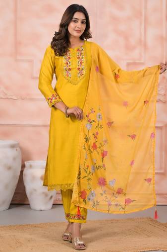 Yellow color silk fabric designer embroidery work ceremonial kurta set with dupatta