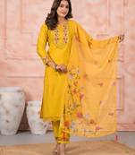Yellow color silk fabric designer embroidery work ceremonial kurta set with dupatta