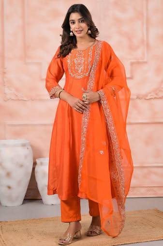 Orange color silk fabric designer embroidery work ceremonial kurta set with dupatta