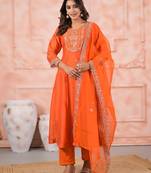 Orange color silk fabric designer embroidery work ceremonial kurta set with dupatta