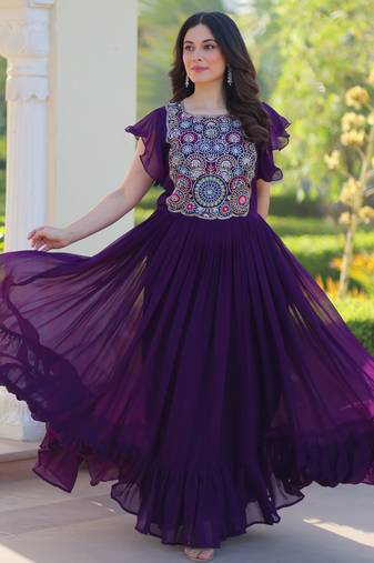 Purple color faux georgette fabric designer gown crafted with beauds and sequins work