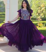 Purple color faux georgette fabric designer gown crafted with beauds and sequins work