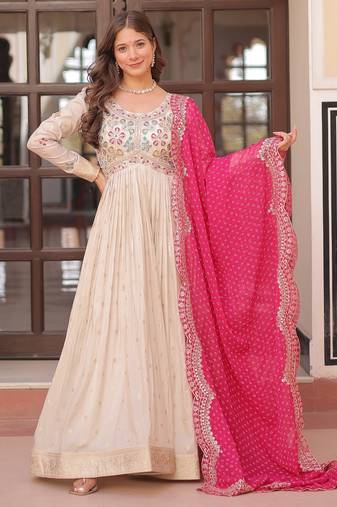 Off white color cosmos jacquard designer embroidered partywear gown with dupatta