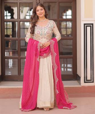 Off white color cosmos jacquard embroidered partywear gown with dupatta 5