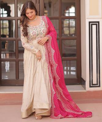 Off white color cosmos jacquard embroidered partywear gown with dupatta 6