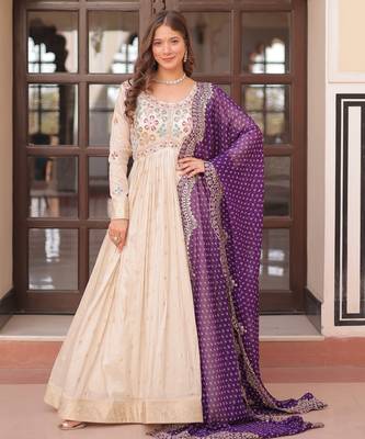 Off white color cosmos jacquard embroidered partywear gown with dupatta 1