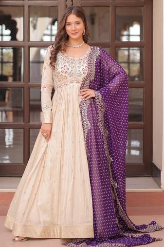 Off white color cosmos jacquard designer embroidered partywear gown with dupatta