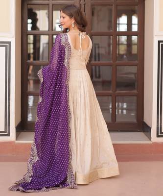 Off white color cosmos jacquard embroidered partywear gown with dupatta 3