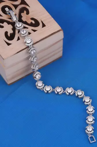 Modish round shape studded cz silver plated free size charm bracelet for women