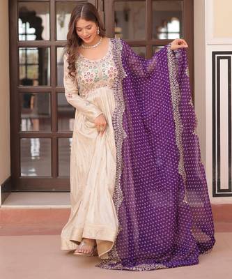 Off white color cosmos jacquard embroidered partywear gown with dupatta 6