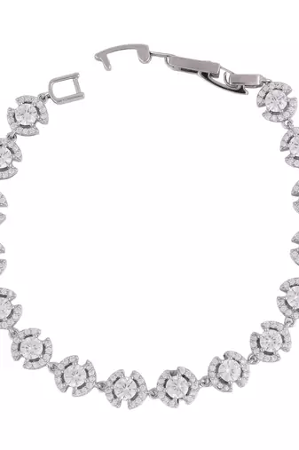 Modish round shape studded cz silver plated free size charm bracelet for women