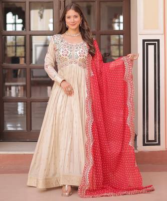 Off white color cosmos jacquard embroidered partywear gown with dupatta 1