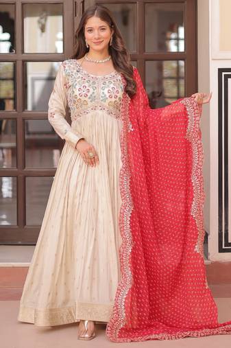 Off white color cosmos jacquard designer embroidered partywear gown with dupatta