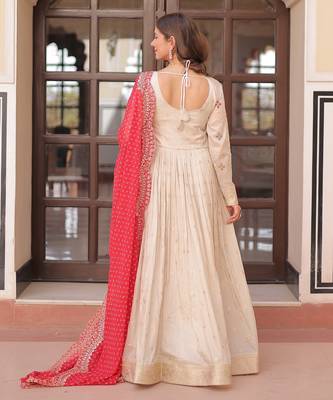 Off white color cosmos jacquard embroidered partywear gown with dupatta 3