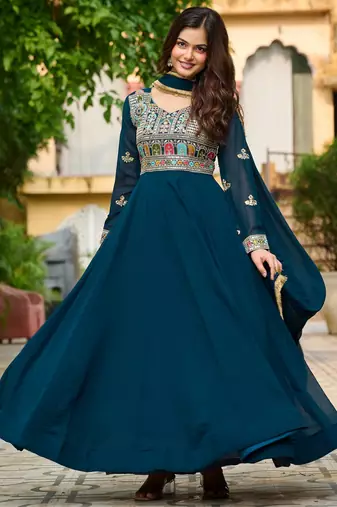 Teal blue color faux georgette fabric ethnic and ceremonial partywear gown with dupatta