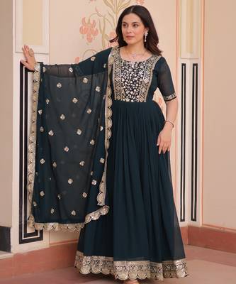 Teal blue color faux georgette ceremonial partywear gown with dupatta 1
