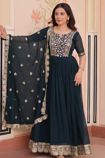Teal blue color faux georgette fabric ceremonial girlie partywear gown with dupatta