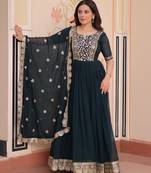 Teal blue color faux georgette fabric ceremonial girlie partywear gown with dupatta