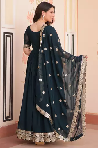Teal blue color faux georgette ceremonial partywear gown with dupatta