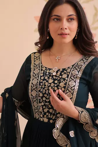 Teal blue color faux georgette ceremonial partywear gown with dupatta