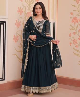 Teal blue color faux georgette ceremonial partywear gown with dupatta 5
